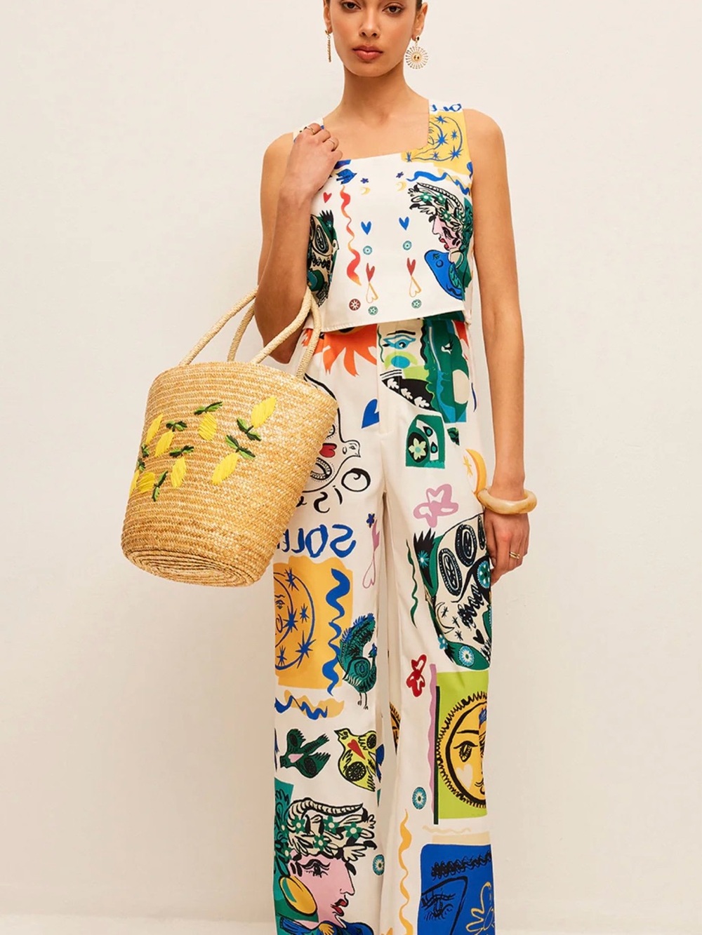 Commense Graphic Print Crop Top with Wide-Leg Pants set - Large